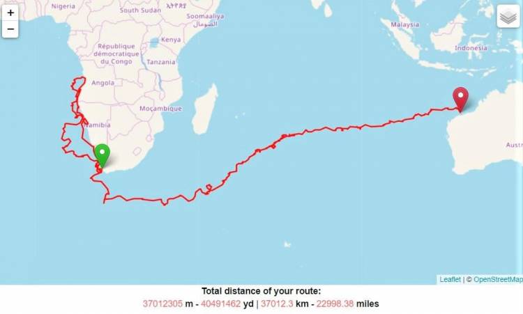 Map of Yoshi's journey - credit Two Oceans Aquarium