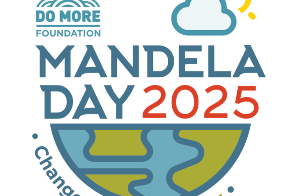 Mandela Day 2025 logo by the DoMore Foundation with the slogan "Change Starts with Play" featuring a cloud, sun, and stylized Earth.