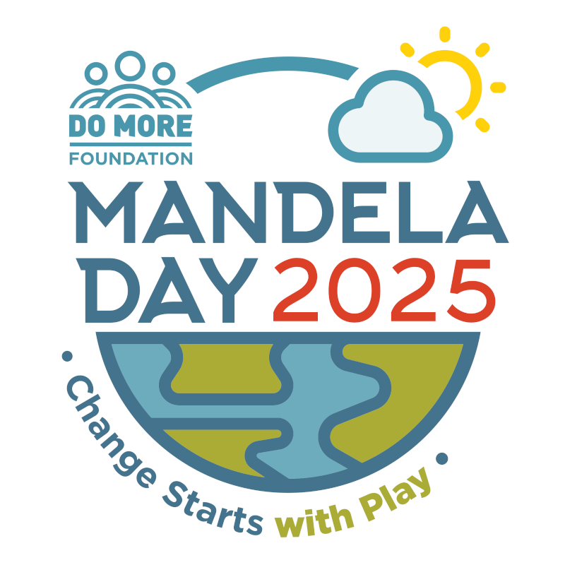 Mandela Day 2025 logo by the DoMore Foundation with the slogan "Change Starts with Play" featuring a cloud, sun, and stylized Earth.